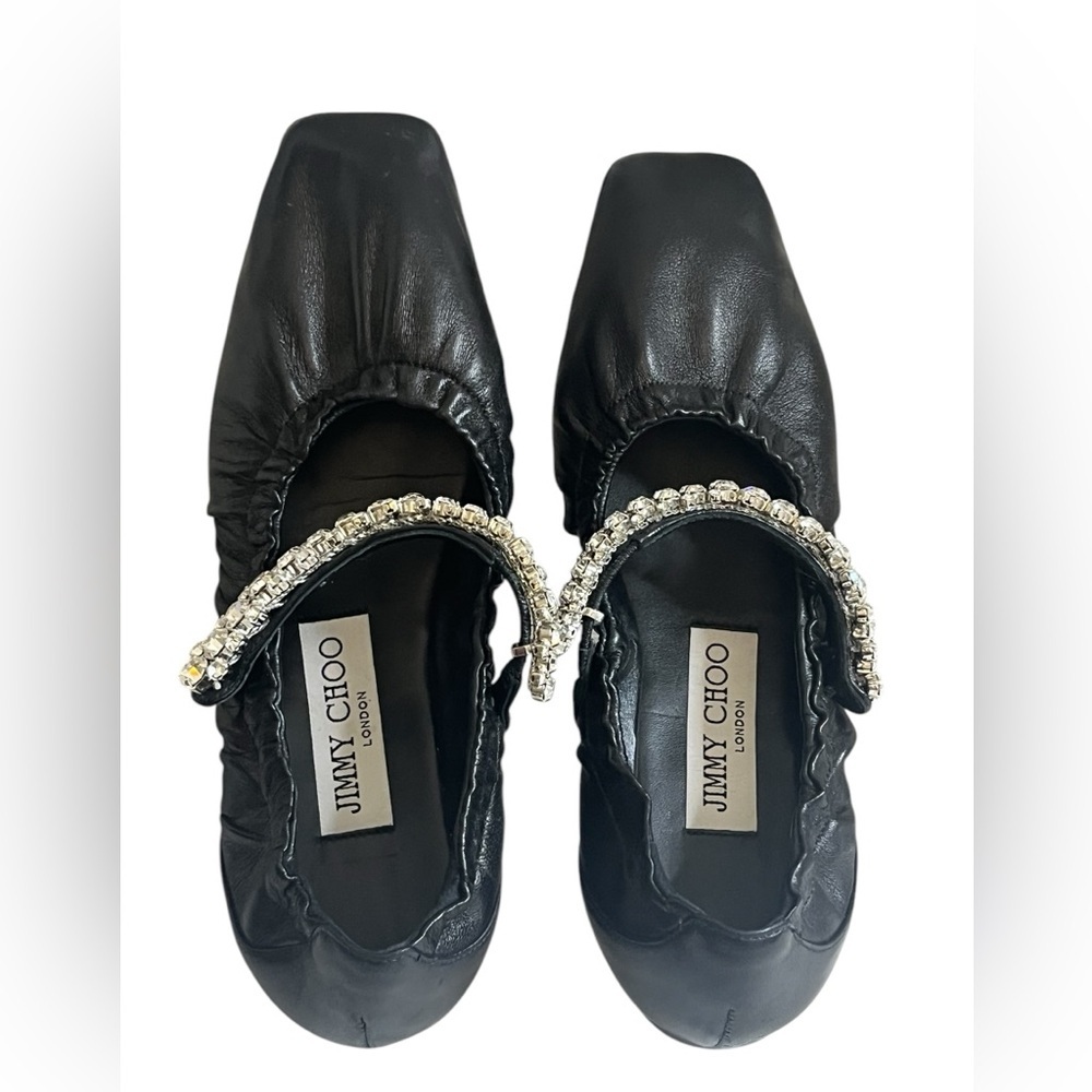 Jimmy Choo Gai Square-Toe Crystal-Strap Leather Ballerina Flats 34, pre-owned. - Picture 2 of 16